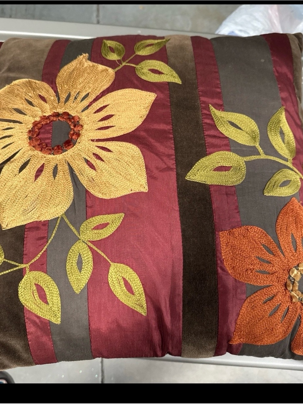 Pier 1 Burgundy, Gold, Orange & Brown Embroidered Floral Accent Pillow